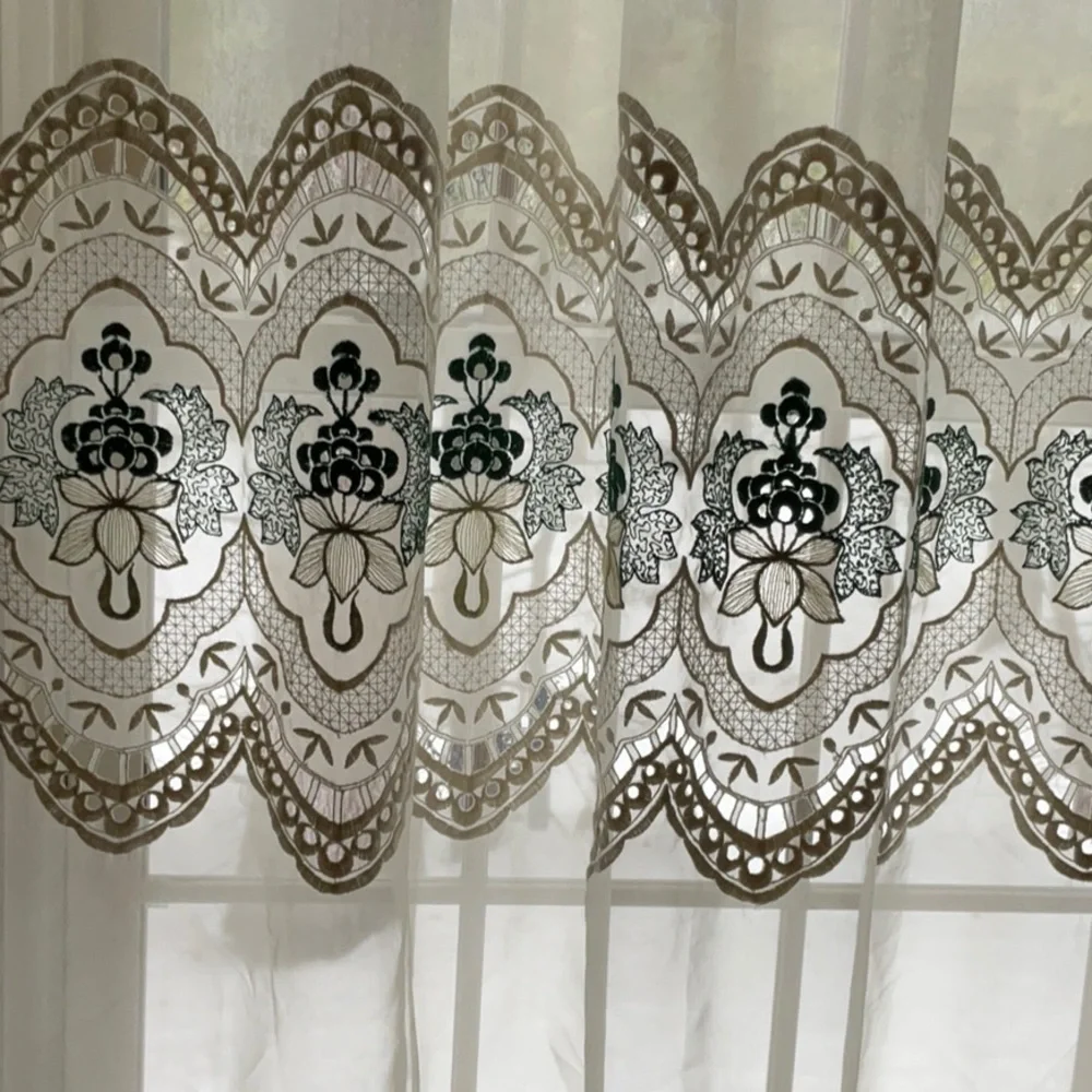 Vintage Elegant Cream and Green Lace Embroidered Curtain